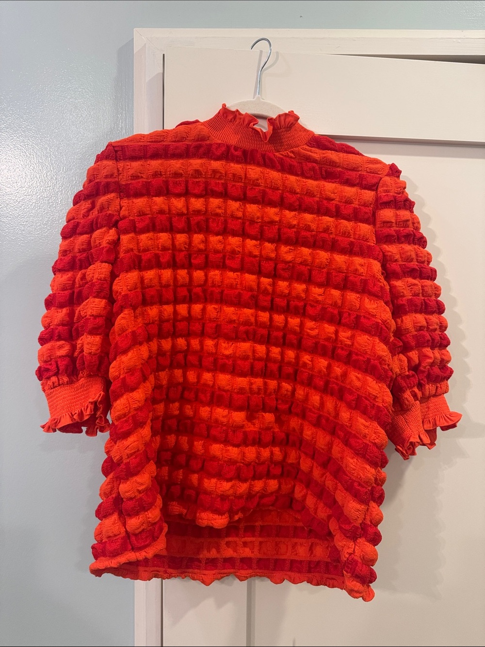 Anthropologie Bright Red Bubble-Knit Ruffle Pullover